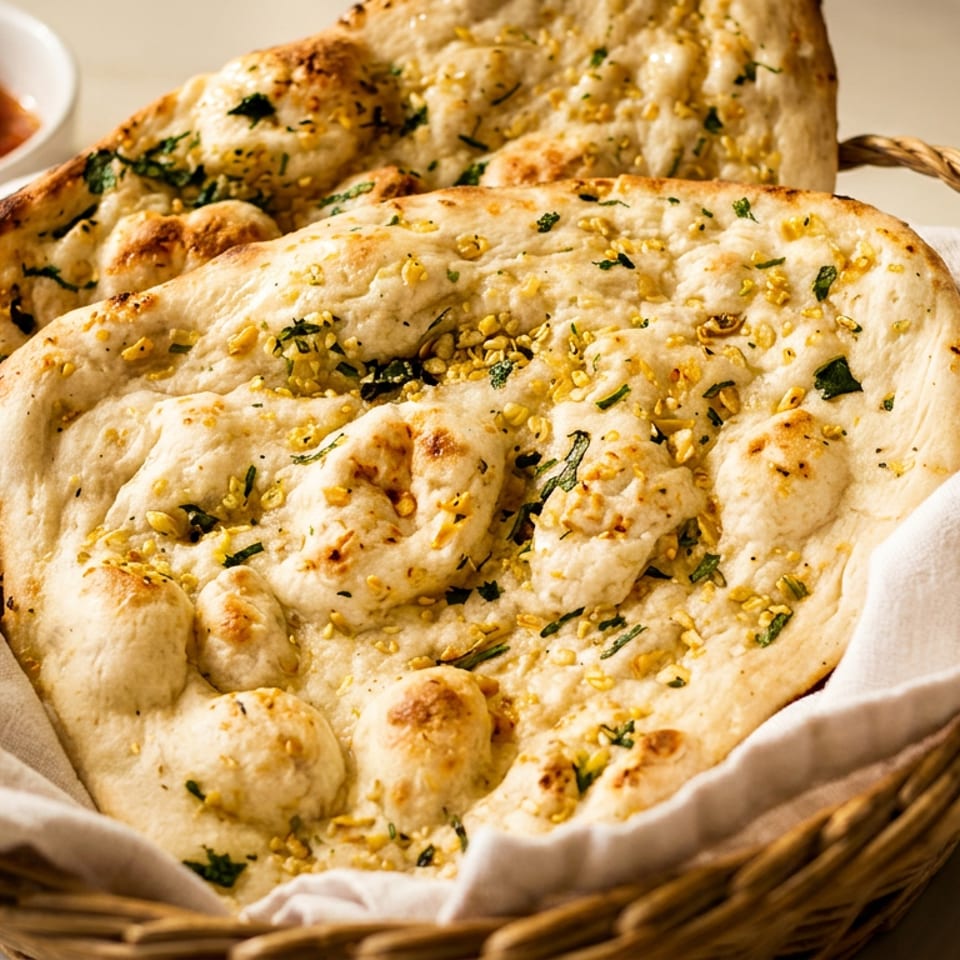 Basket of garlic naan bread with a side of red chutney.