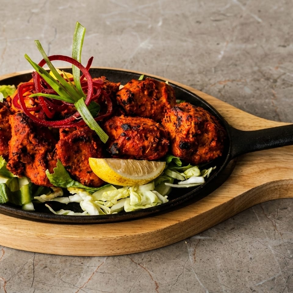 Red chicken tikka pieces on a bed of lettuce and onions, garnished with lemon and herbs.