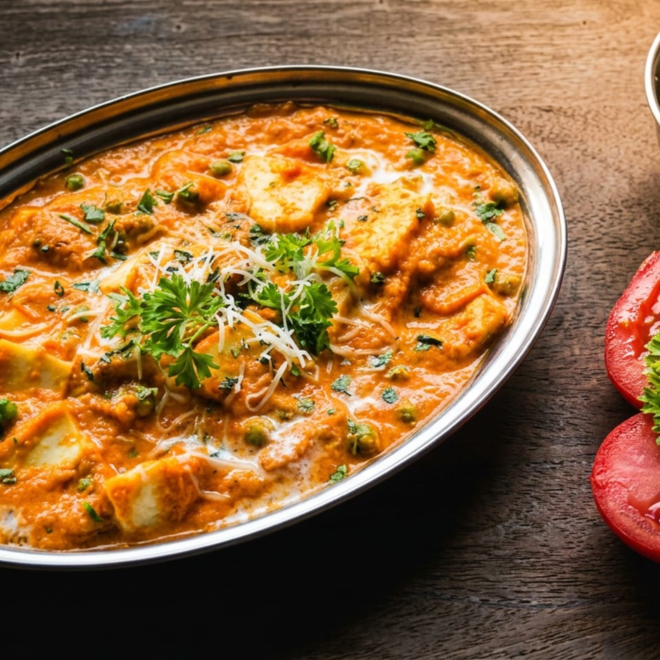 Paneer butter masala in a silver bowl, with tomatoes and paneer cubes on a wooden table.