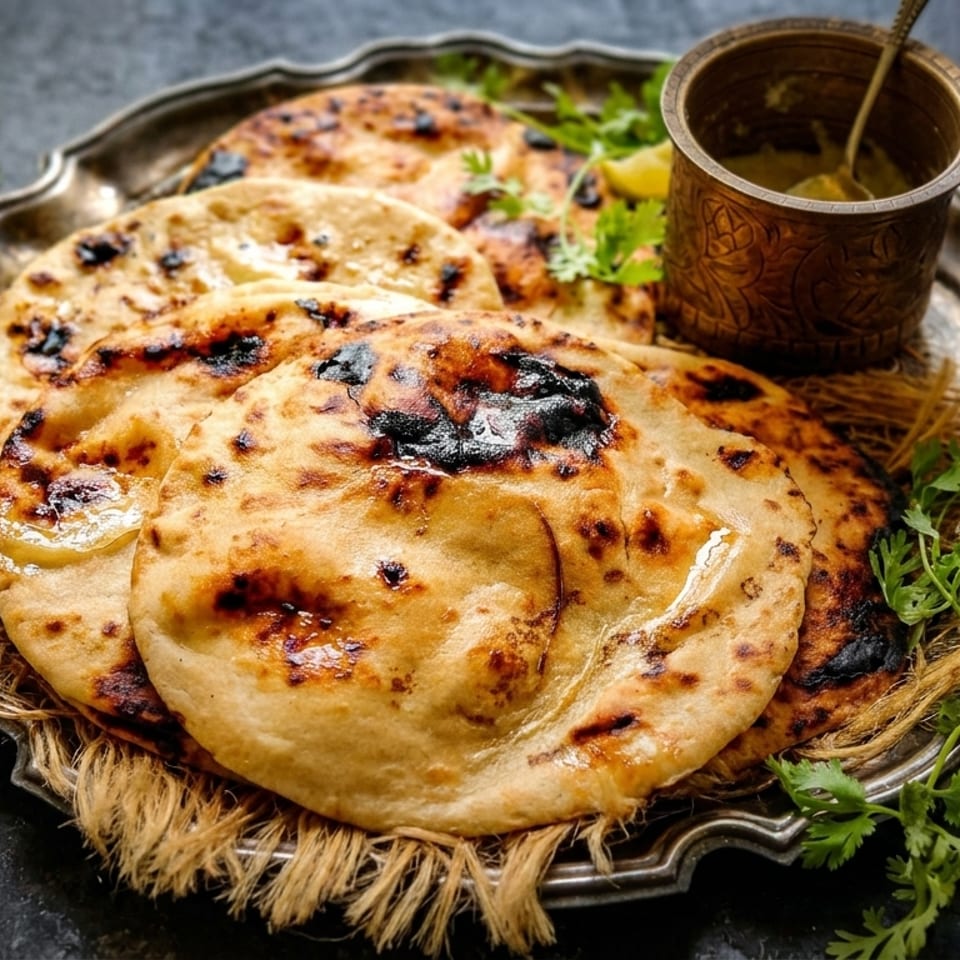 Golden-brown naan bread with charred spots, garnished with lime and cilantro on a silver platter.