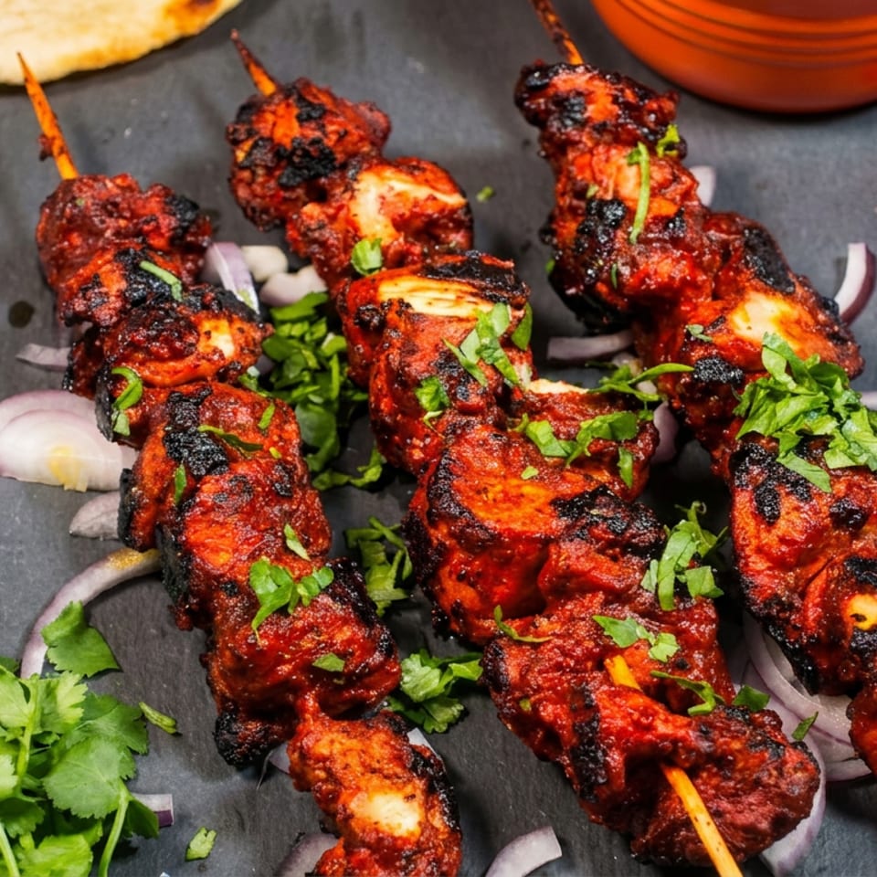 Three skewers of grilled chicken tikka with cilantro, red onion, and naan bread.