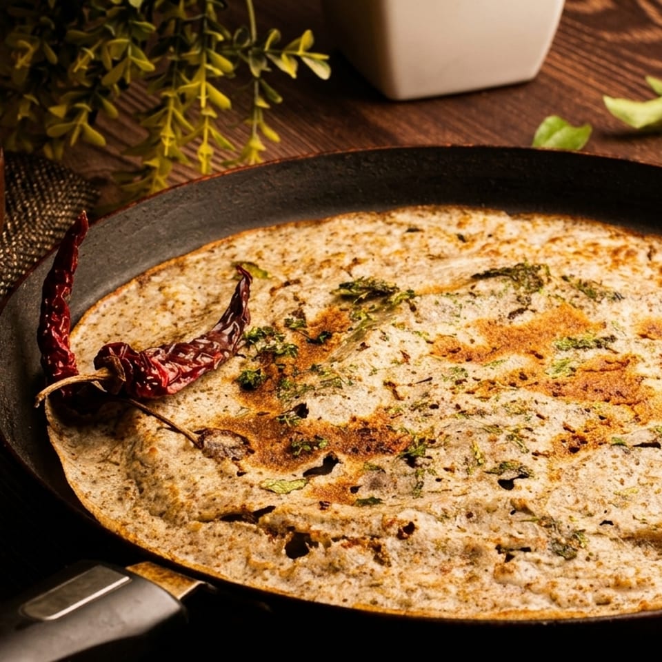 Savory dosa with herbs and spices in a pan, served with a side of chutney.