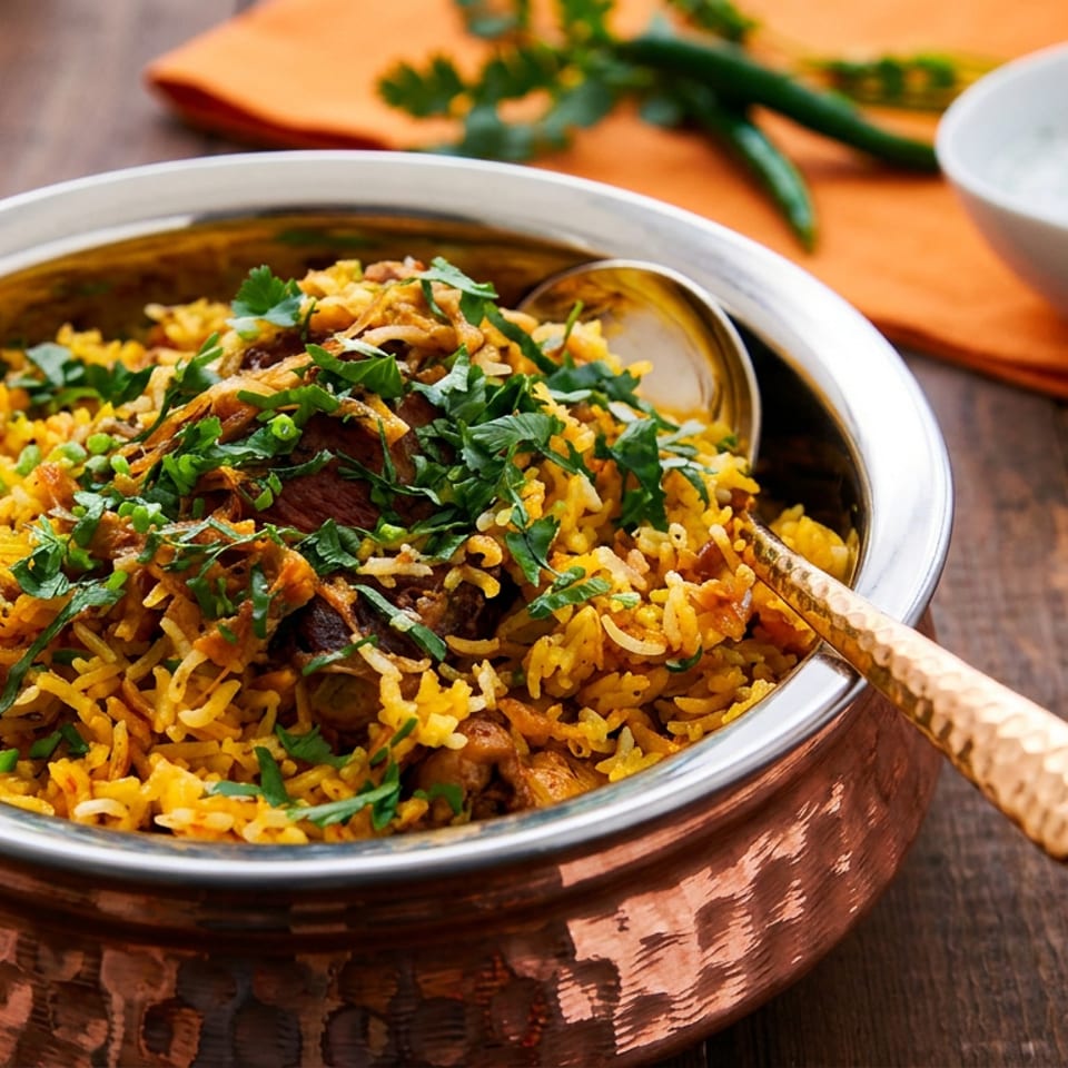 A copper bowl filled with biryani, garnished with fresh cilantro, and a side of raita.