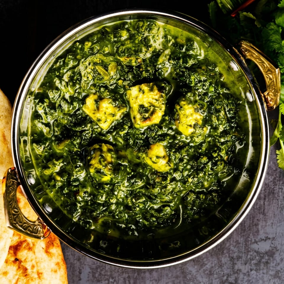 Palak paneer in a silver bowl with naan bread and fresh cilantro on a dark surface.