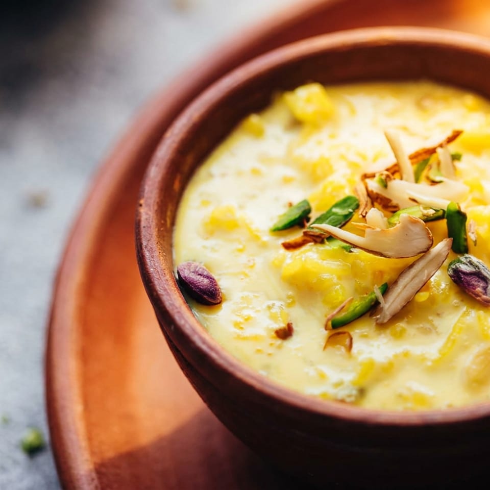 Creamy Indian rice pudding (kheer) in a terracotta bowl, garnished with nuts.