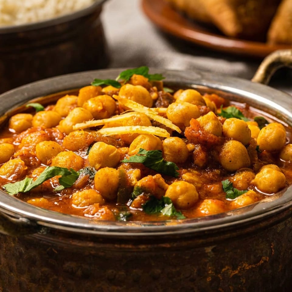 Chickpea curry garnished with cilantro and ginger, served in a rustic metal bowl alongside rice and fried snacks.