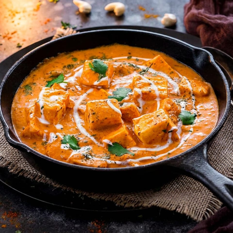 Paneer butter masala in a black cast iron pan, garnished with cream and cilantro.